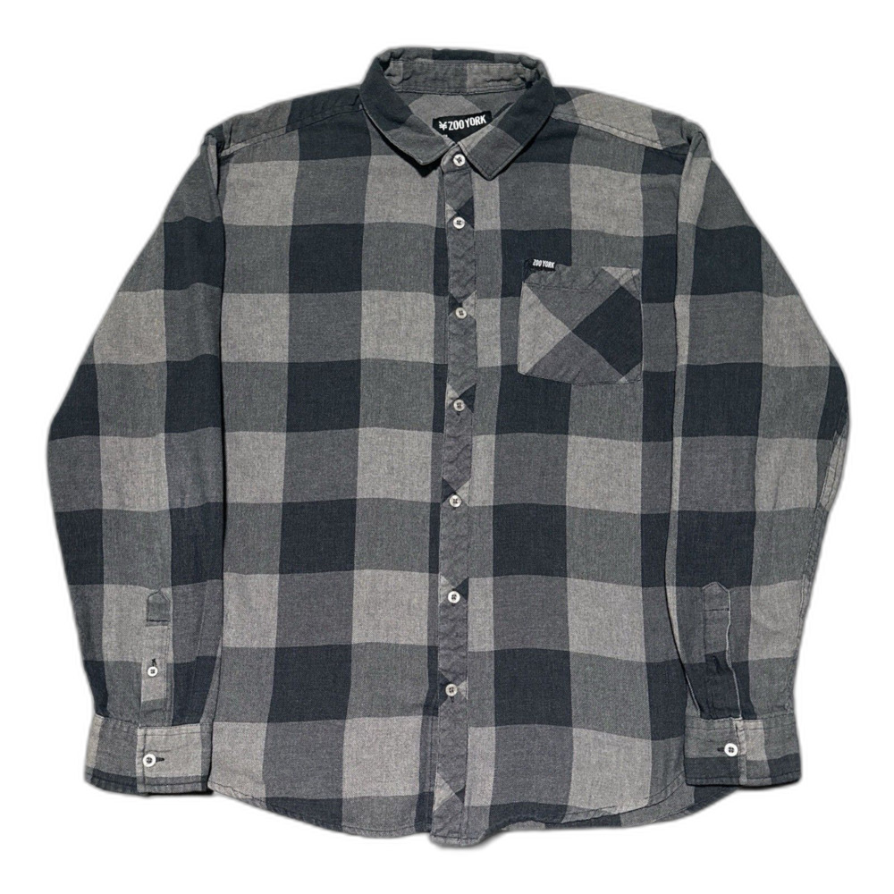 Zoo York Flannel Shirt Mens XL Gray Black Buffalo Plaid Skate Y2K Grunge